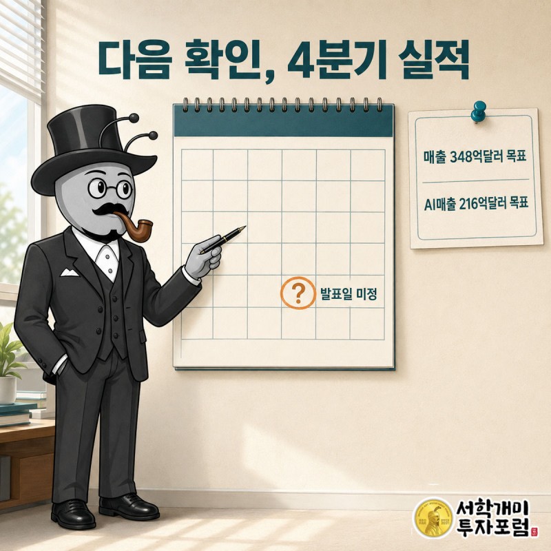 개미가 발표일이 아직 미정인 달력 앞에서 4분기 목표 수치를 메모하며 확인하고 있다