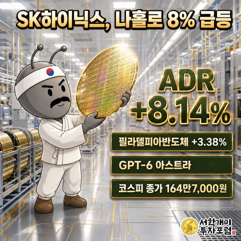 부자개미 캐릭터가 빛나는 HBM 메모리 칩을 들어올리며 놀라고 흡족해하는 반도체 팹 배경의 커버 이미지, ADR 8.14퍼센트 상승 수치가 표시돼 있다