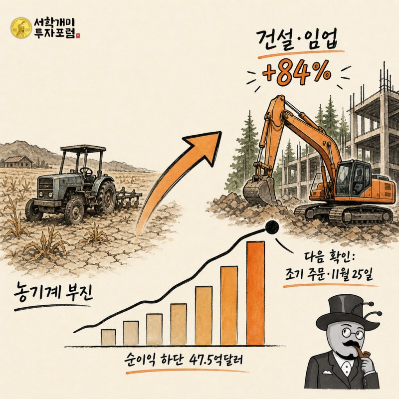 농기계 부진에서 건설·임업 호조와 11월 25일 주문 확인으로 이어지는 디어 실적 흐름을 설명하는 서학개미 기자 인포그래픽