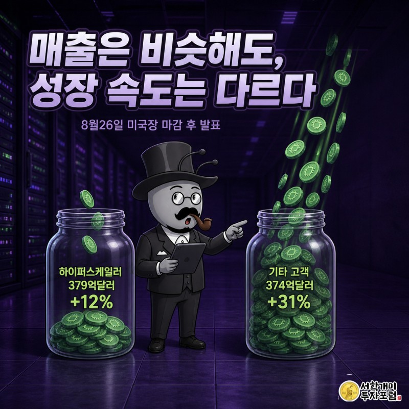 유리병 두 개에 초록 칩 코인이 차오르는 그림, 왼쪽 하이퍼스케일러 병은 천천히 오른쪽 기타 고객 병은 빠르게 넘치듯 채워지고 개미가 놀란 표정으로 가리키고 있다
