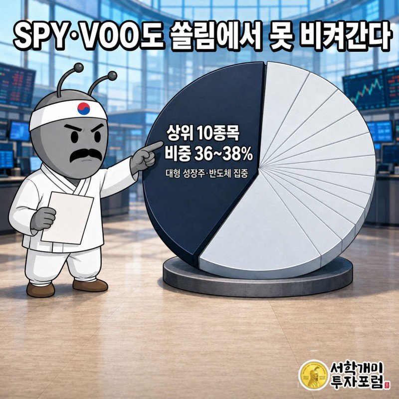 SPY·VOO 파이차트에서 상위 10종목이 36~38%를 차지한 것을 걱정스럽게 확인하는 개미