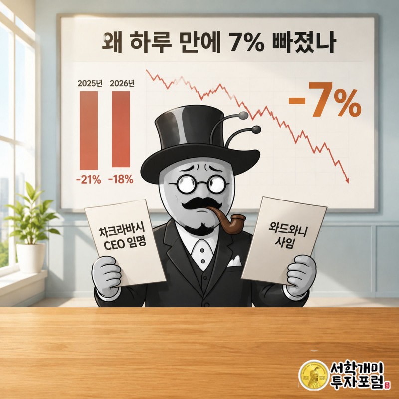 급락하는 주가 그래프 앞에서 부자개미가 CEO 임명 통지문과 사임 서류를 양손에 들고 당혹스러워하는 장면