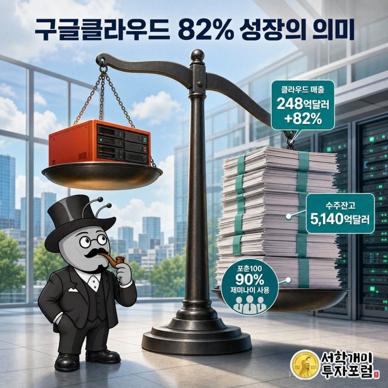 저울 왼쪽엔 AMD 서버 박스, 오른쪽엔 알파벳 계약서 더미가 무겁게 기울어져 있고 부자개미가 그 아래서 고개를 갸웃하며 저울을 올려다보고 있다.