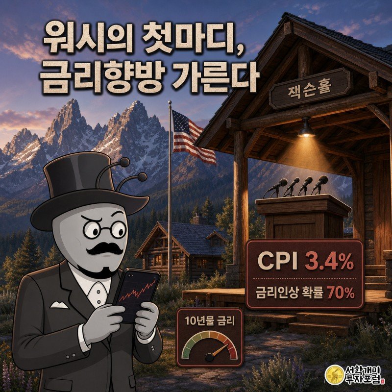 새벽 산속 잭슨홀 심포지엄 연단 앞에서 개미 캐릭터가 스마트폰 속 미국 주가를 보며 불안한 표정을 짓고, 화면 한쪽에 CPI 3.4% 수치 위젯이 떠 있다.