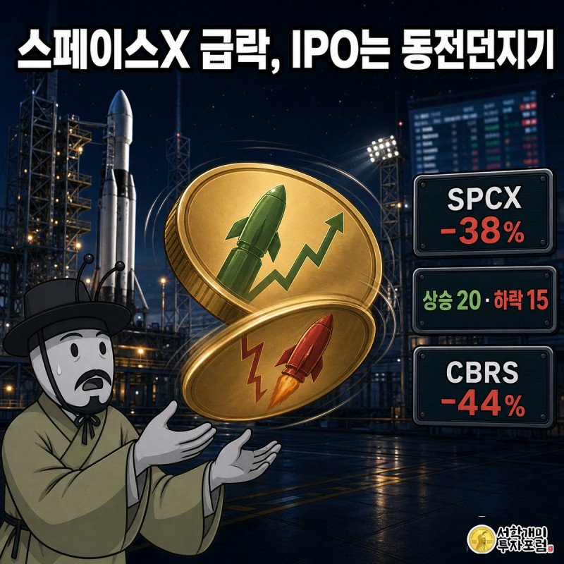 짙은 남색 밤하늘 아래 거대한 금색 동전이 공중에 떠 있고 한쪽엔 상승하는 초록 로켓 그래프, 반대쪽엔 추락하는 붉은 로켓이 그려져 있으며 개미가 두 손을 뻗어 놀란 표정으로 동전을 잡으려 한다