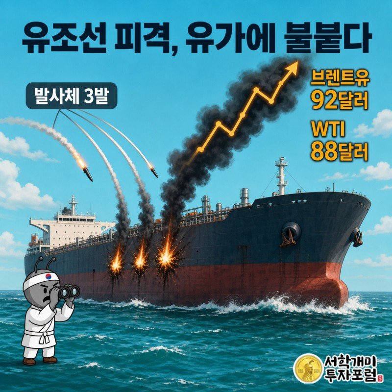 호르무즈 해협에서 발사체 3발에 피격당한 유조선과 치솟는 유가 그래프를 쌍안경으로 지켜보는 부자개미