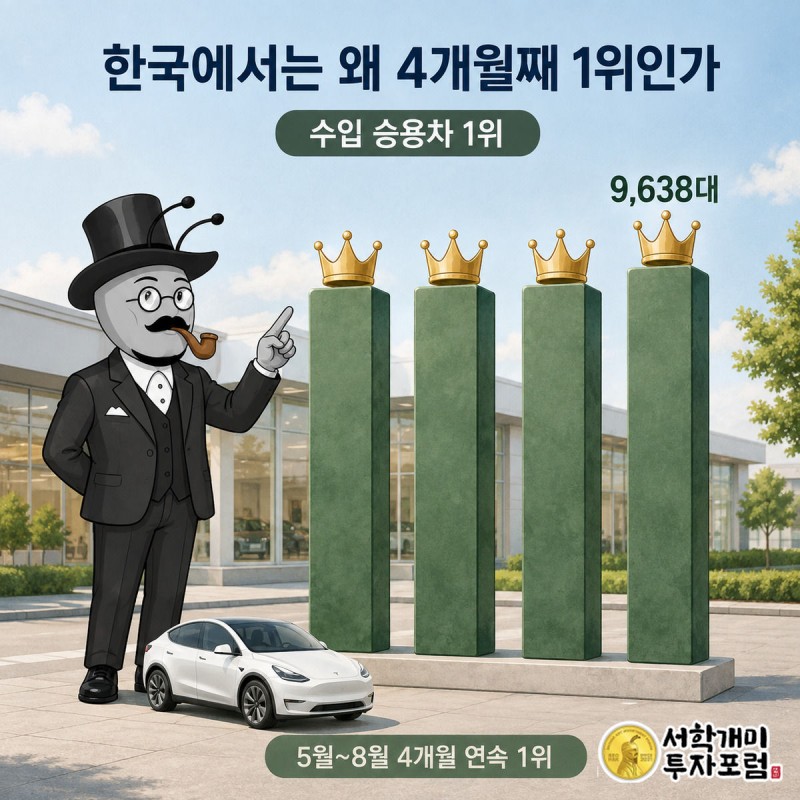 5월부터 8월까지 매달 1위를 뜻하는 왕관 막대 네 개 앞에서 흐뭇하게 웃으며 8월 막대를 가리키는 서학개미