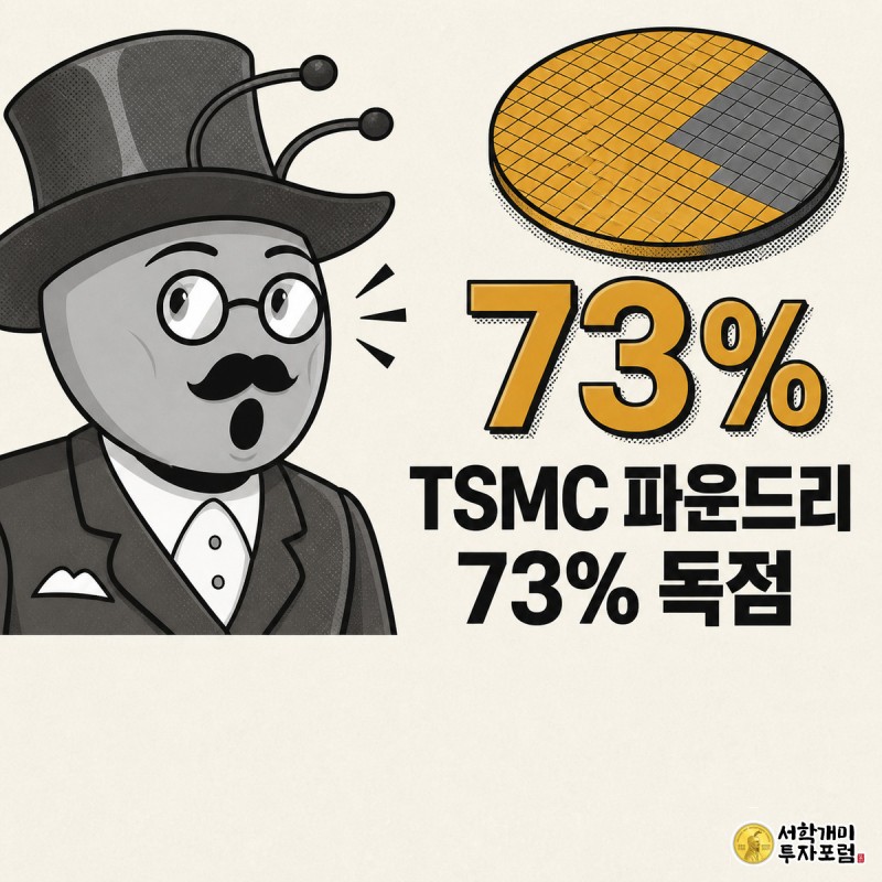 놀란 표정의 개미가 클로즈업된 채, 머스터드색 조각이 73%를 차지한 웨이퍼 모양 파운드리 점유율 다이어그램을 보고 있는 코믹 삽화