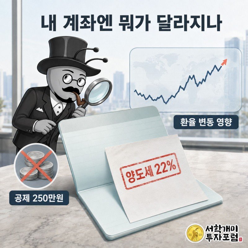 서민개미가 원화 통장 위에 겹쳐진 세금 계산서와 환율 그래프를 돋보기로 살피는 인포그래픽