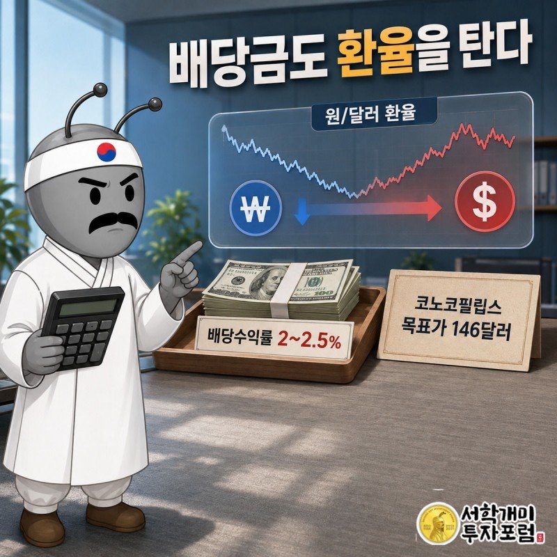 달러 배당금 지폐 위에 원달러 환율 숫자가 겹쳐 보이고 부자개미가 계산기를 든 채 당혹스러운 표정을 짓는 모습