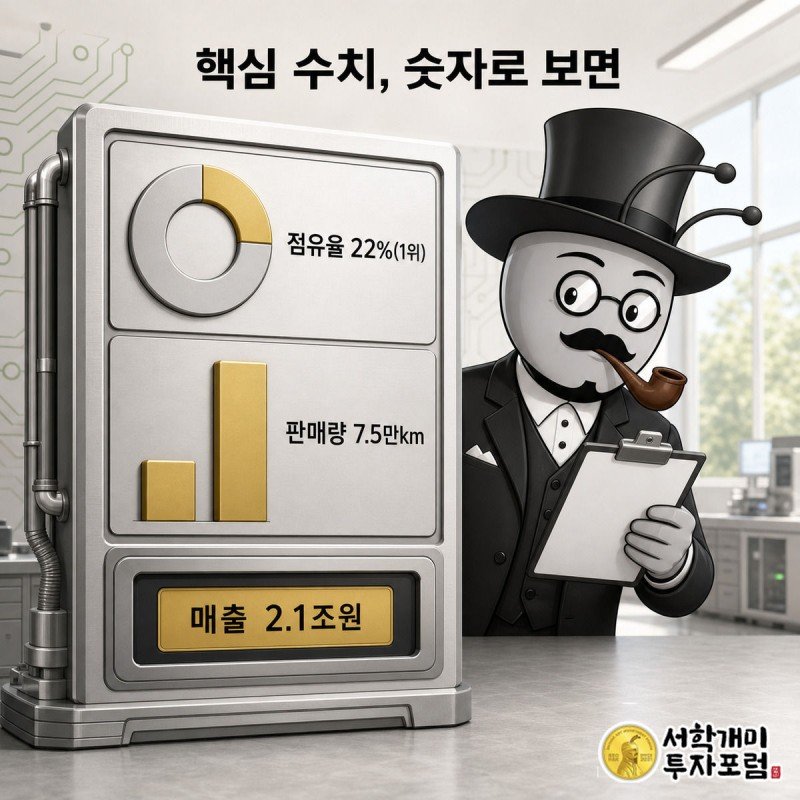 점유율 22% 게이지, 판매량 막대 그래프, 매출 2조1,000억원 카드를 개미가 클립보드로 확인하는 계기판 그림