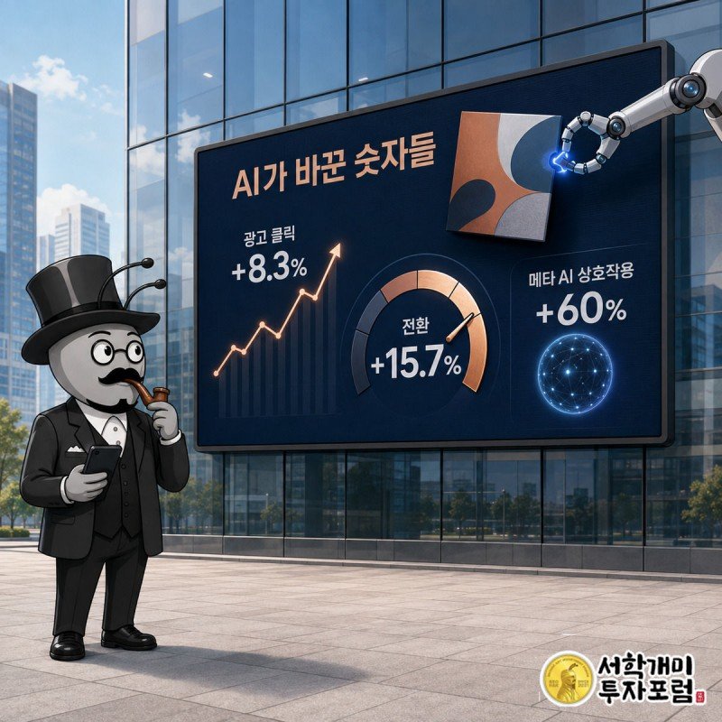 AI 로봇팔이 광고판에 소재를 붙이고 클릭·전환 수치가 오르는 것을 부자개미가 놀라며 보는 그림