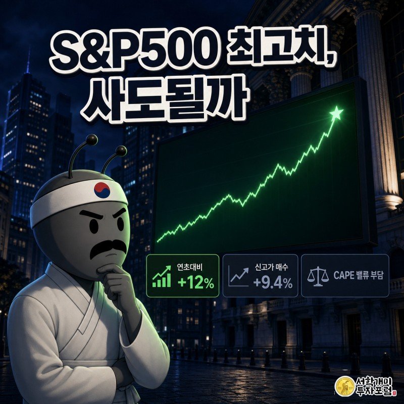 짙은 네이비 배경 속 대형 전광판에 우상향 초록 차트가 신고가를 찍고, 개미 캐릭터가 득의와 의심이 섞인 표정으로 이를 올려다보며 연초대비 12% 상승 수치 위젯을 바라보는 그림