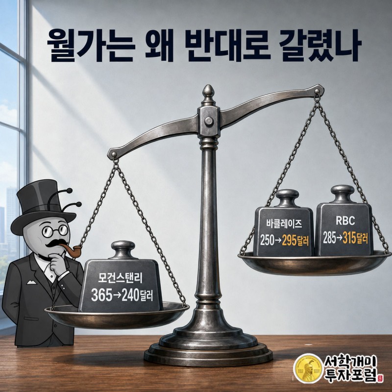 모건스탠리 하향 배지와 바클레이즈·RBC 상향 배지가 저울 양쪽에 놓여 엇갈린 월가 평가를 보여주는 장면