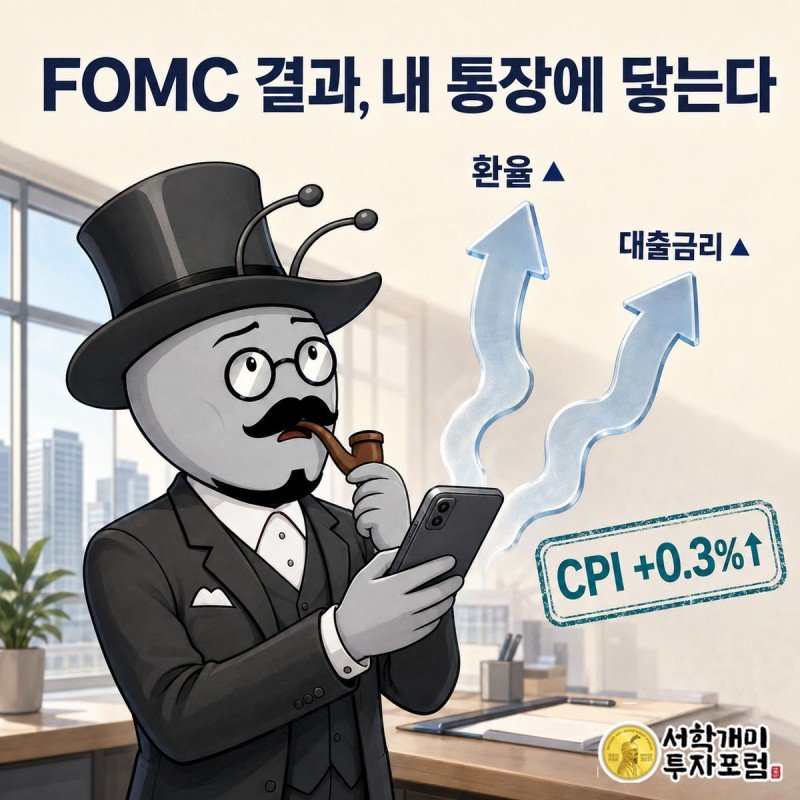 은행 앱 통장 잔고 화면 위로 환율과 대출금리 화살표가 겹쳐 보이고 개미가 놀란 표정으로 폰을 들여다보는 그림