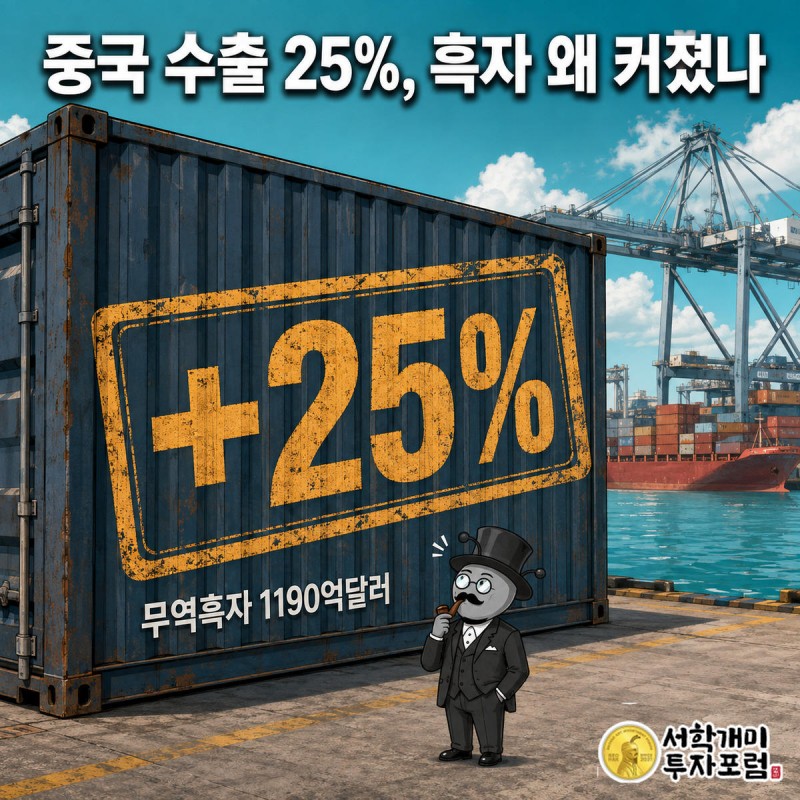 중국 항구에서 부자개미가 컨테이너에 찍힌 +25% 스탬프를 보며 놀라는 모습