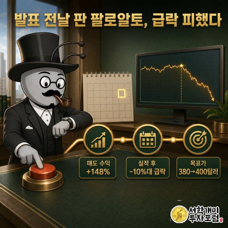 부자개미가 팔로알토네트웍스 실적 발표 전날 저녁 매도 버튼을 누르는 장면, 배경에 급락한 주가 차트가 보인다