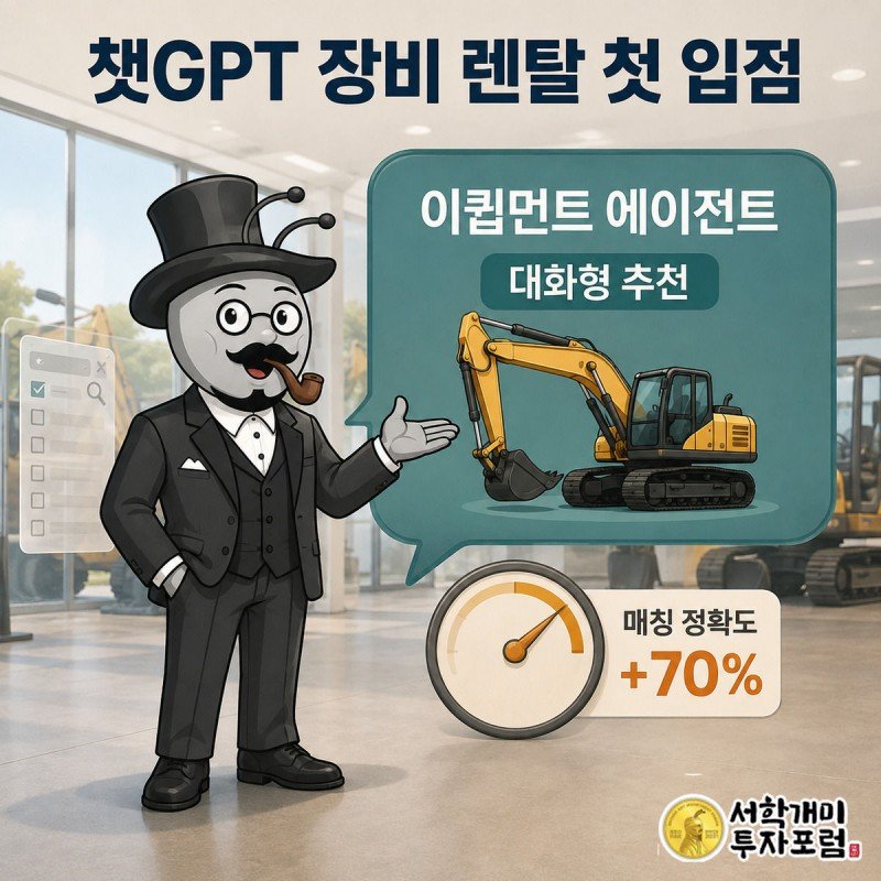 부자개미가 낡은 필터 검색 대신 챗GPT 대화형 말풍선 속 굴착기 추천 카드를 반기고, 옆 게이지가 정확도 70%를 가리킨다