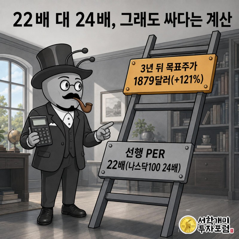 부자개미가 계산기를 들고 목표주가로 이어지는 사다리 칸을 의심스러운 표정으로 짚어 올라가고 있다