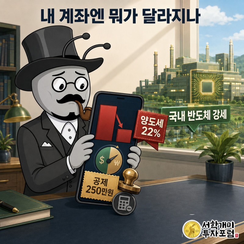서민개미가 스마트폰 계좌 앱 속 잔고와 환율 다이얼, 양도세 표시를 함께 들여다보는 모습