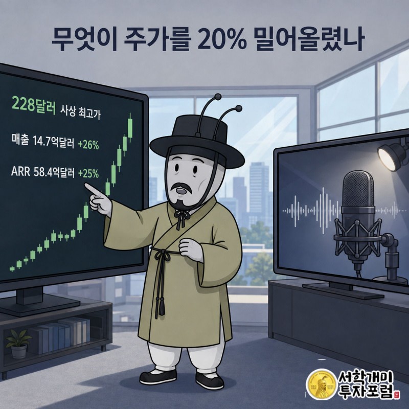 급등하는 캔들차트 화면과 CEO 방송 인터뷰 화면 사이에서 부자개미가 놀란 표정으로 차트를 가리키는 이미지