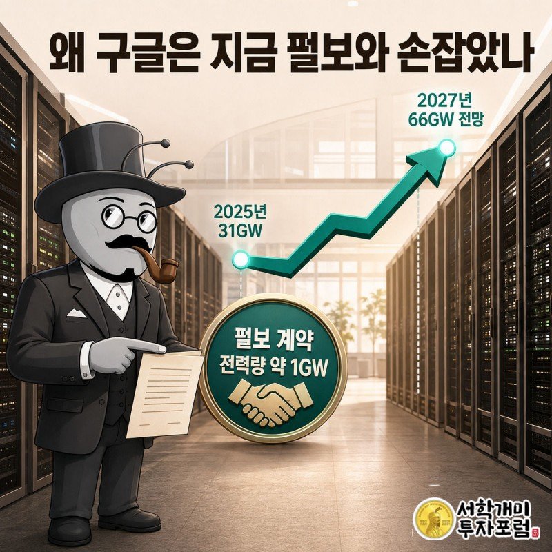 치솟는 데이터센터 전력수요 그래프 아래에서 부자개미가 전력구매계약 서류와 1GW 배지를 들고 있는 이미지