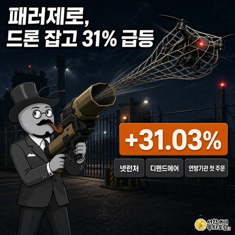 패러제로의 카키색 전술 조끼를 입은 개미 요원이 넷런처로 적대적 드론을 그물로 포획하는 순간이고, 화면 중앙에는 주가 31.03% 급등을 알리는 오렌지색 수치 배지가 떠 있다