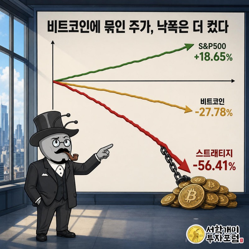 부자개미가 스트래티지·비트코인·S&#038;amp;P500 세 선이 벌어지는 그래프를 짚으며 의심스러운 표정을 짓는 정보 일러스트