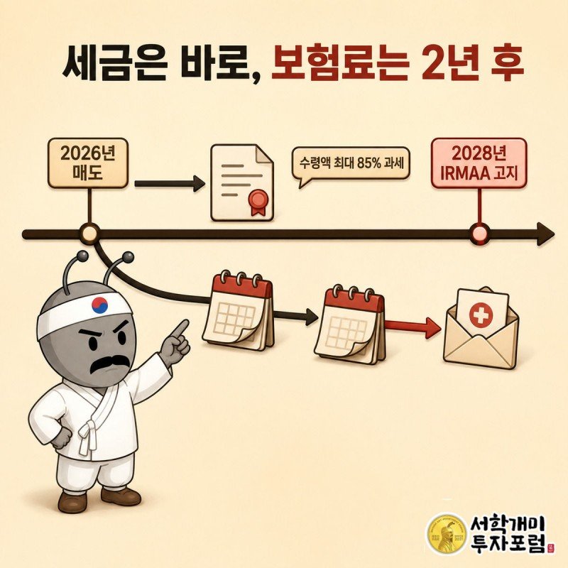 2026년 매도 지점에서 위로는 즉시 소셜시큐리티 과세로, 아래로는 2년 뒤 2028년 메디케어 IRMAA 고지로 갈라지는 타임라인을 부자개미가 의심스러운 표정으로 짚는 모습