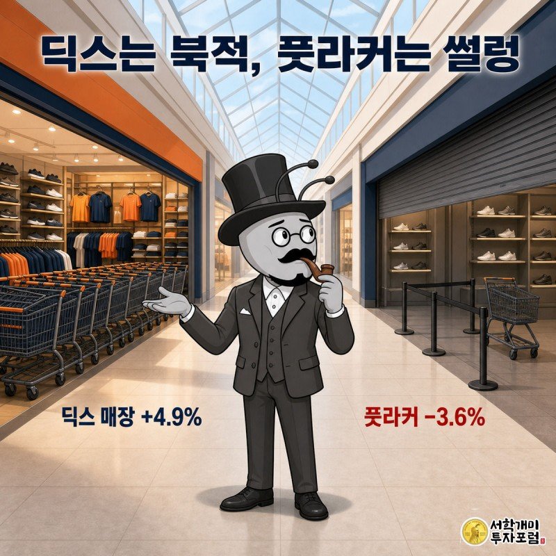 쇼핑몰 복도에서 북적이는 딕스 매장과 한산한 풋라커 매장이 나란히 대비된다