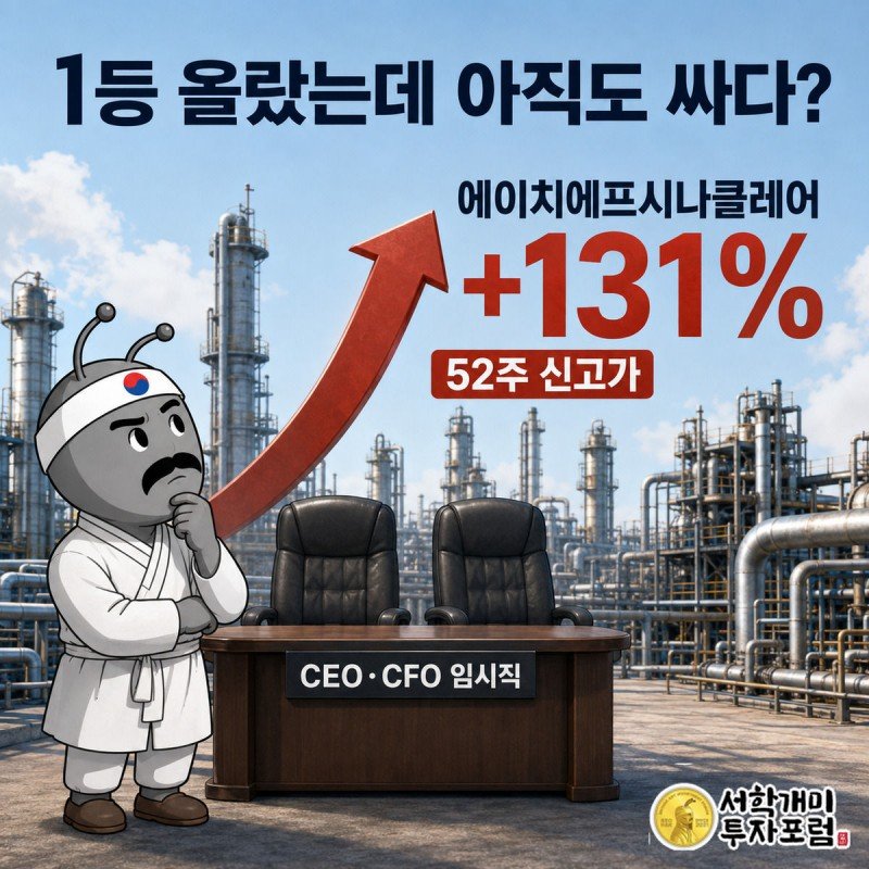 치솟은 +131% 화살표 아래 CEO와 CFO 자리를 뜻하는 빈 의자에 임시 팻말이 붙어 있고 부자개미가 의아한 표정을 짓는 모습