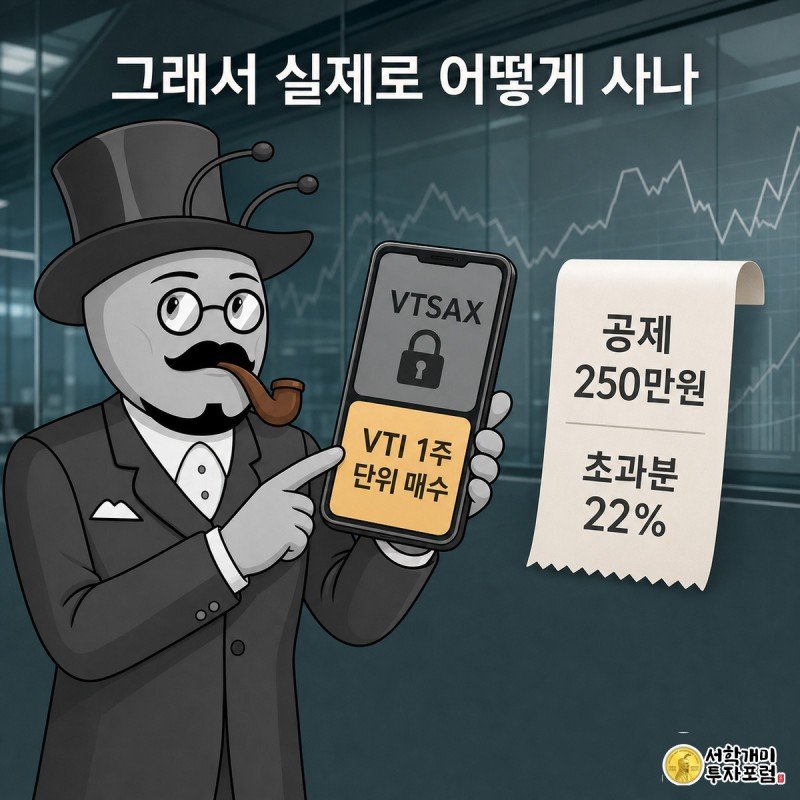개미가 스마트폰으로 잠긴 VTSAX 대신 VTI를 매수하며 옆에 뜬 세금 공제 카드를 확인하는 모습
