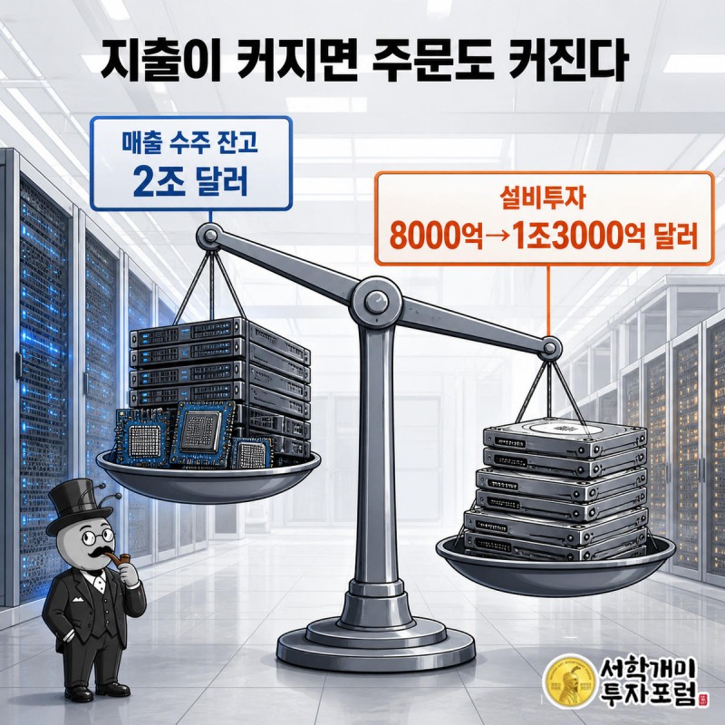 부자개미가 반도체 더미와 하드디스크 더미가 함께 오르는 대형 저울을 흥미롭게 지켜보고 있다