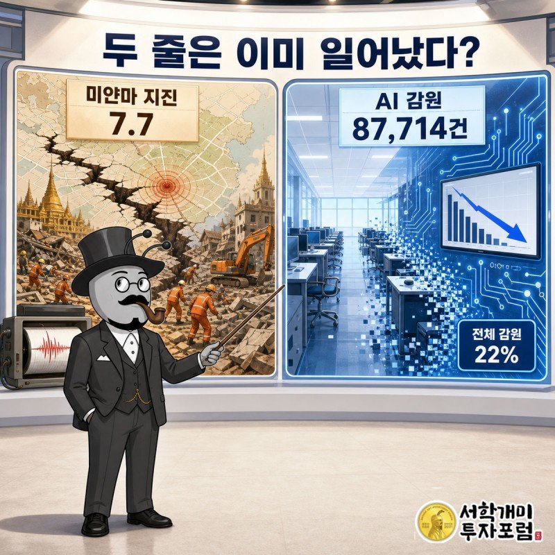 2026년 지진 규모와 AI 감원 87,714건을 비교하는 장면