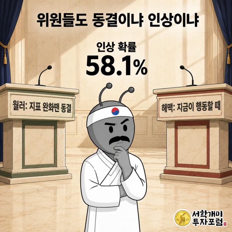 동결을 주장하는 월러 쪽과 인상을 주장하는 해맥 쪽 사이에서 개미가 의심스러운 표정으로 번갈아 쳐다보는 장면