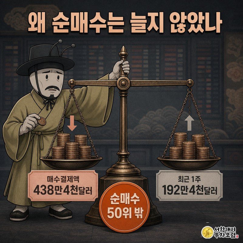저울 위에서 매수와 매도 동전을 양쪽에 쌓아도 바늘이 움직이지 않아 당혹스러워하는 개미 일러스트
