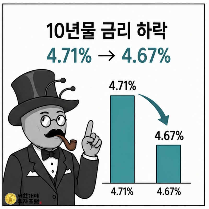 미국 10년물 금리가 4.71퍼센트에서 4.67퍼센트로 낮아진 흐름