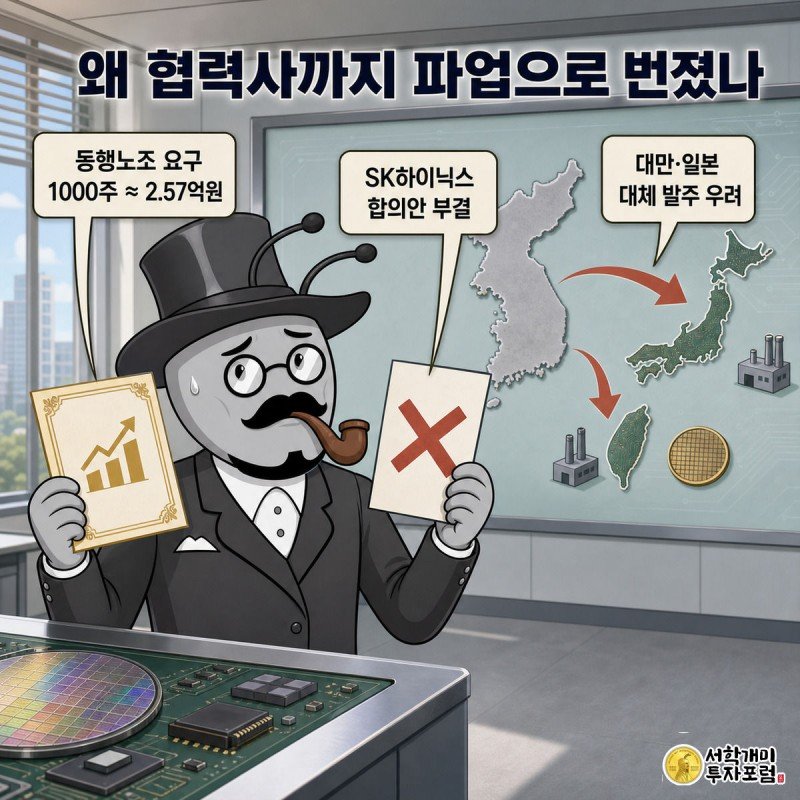 개미가 삼성전자 자사주 증서와 부결된 SK하이닉스 합의안 서류를 번갈아 보며 당혹해하고, 배경 지도에는 한국에서 대만·일본으로 향하는 화살표가 그려진 삽화