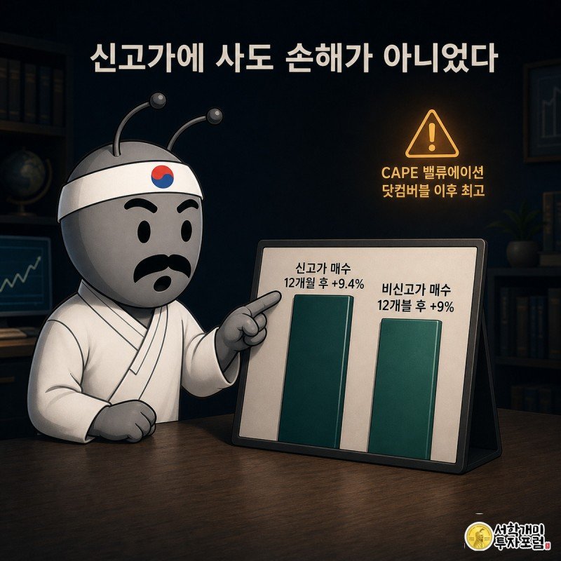 개미 캐릭터가 책상 위 미니 차트보드에서 신고가 매수 막대가 비신고가 매수 막대보다 높은 것을 놀란 표정으로 가리키고, 배경 벽 구석에는 밸류에이션 경고등이 은은히 깜빡이는 그림