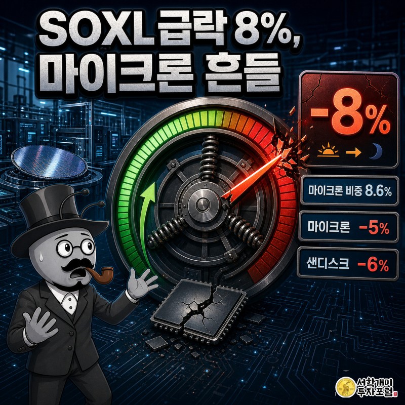 3배 레버리지 게이지 바늘이 급락 구간으로 꺾이는 것을 보고 개미가 놀라 낭패한 표정을 짓는 모습