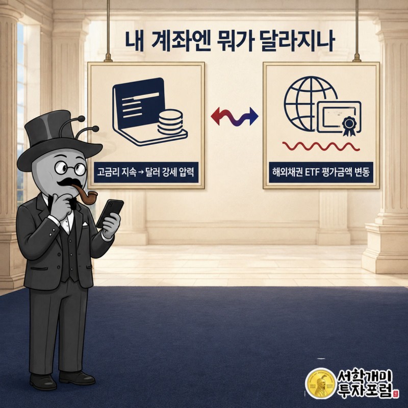 서민개미가 원화 통장과 미국 국채 ETF 잔고 화면을 번갈아 보며 당황하는 모습