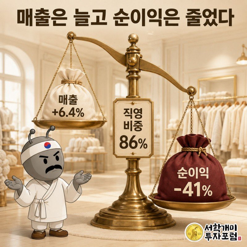 매출 자루는 가볍게 뜨고 순이익 자루는 무겁게 가라앉은 저울 앞에서 당혹스러워하는 부자개미