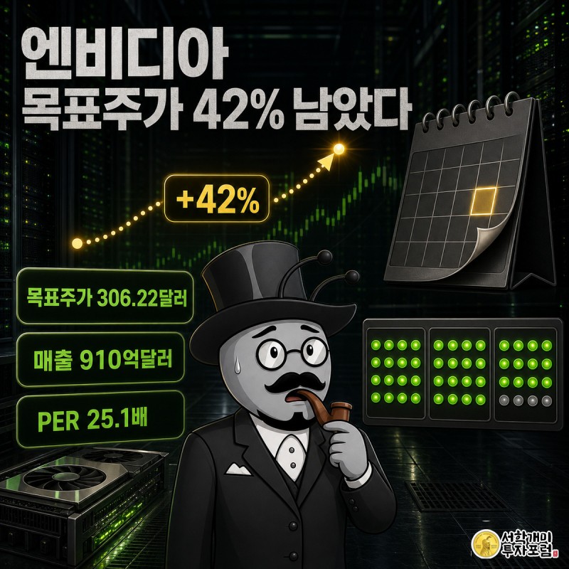 어두운 데이터센터를 배경으로 개미가 긴장한 표정으로 서 있고 머리 위에 현재 주가와 목표주가 306.22달러 사이 42% 격차를 나타내는 골드 배지가 떠 있다