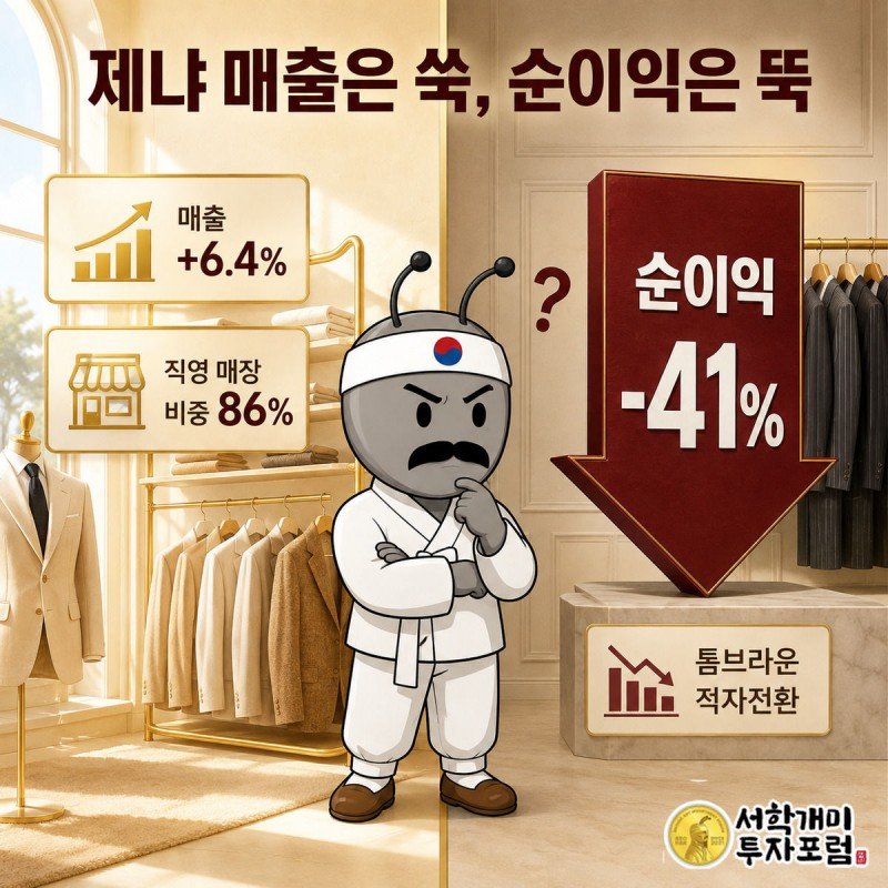 직영 매장의 밝은 쪽과 회계 장부의 어두운 쪽 경계에 선 부자개미가 매출 성장과 순이익 급감이라는 상반된 표정을 짓고 있는 제냐 실적 커버 이미지