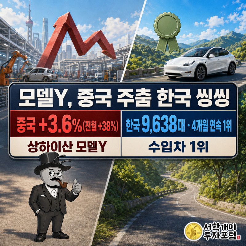 화면 왼쪽 중국 공장 앞에서 걱정스러운 표정, 오른쪽 한국 도로 앞에서 흐뭇한 표정을 동시에 짓는 서학개미와 두 시장의 판매 수치 대비를 보여주는 표지 이미지