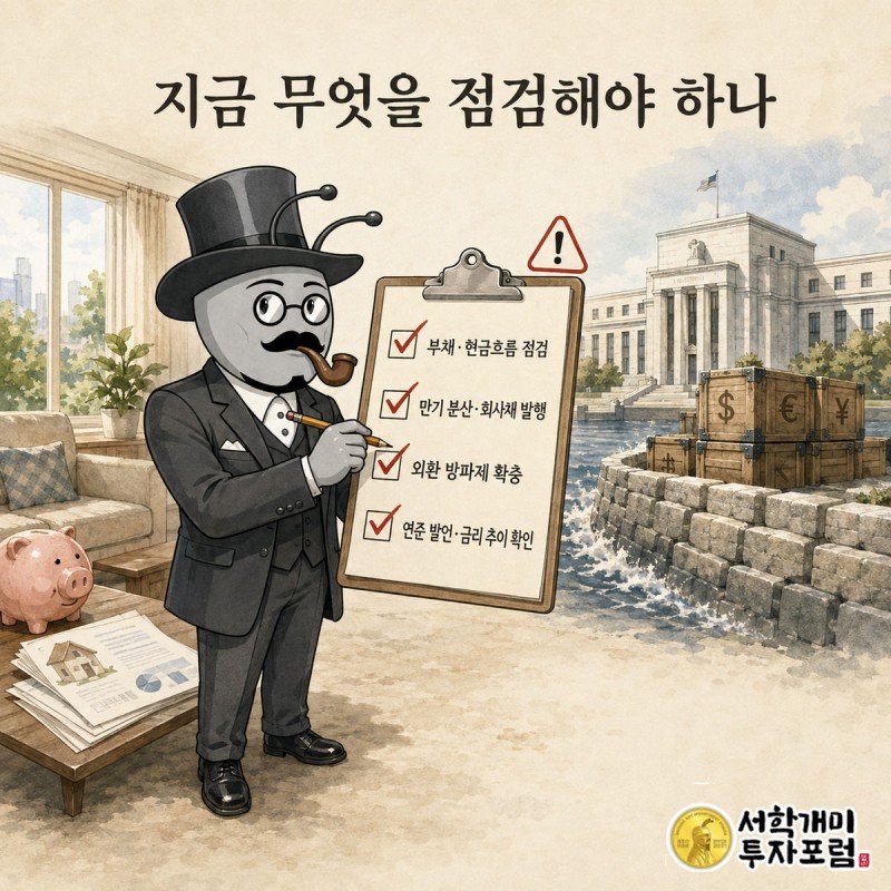 서민개미가 가계·기업·정부의 점검 항목이 담긴 체크리스트에 표시하는 장면