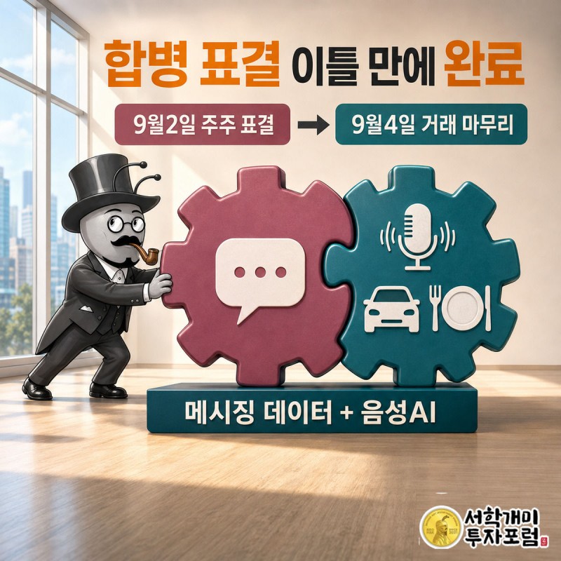 서민개미가 라이브퍼슨과 사운드하운드를 상징하는 두 퍼즐 조각을 맞추며 인수 완료를 표현하고 있다.
