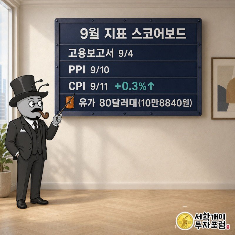 전광판 형태의 수치판에 고용보고서, PPI, CPI, 유가 수치가 정리돼 있고 개미가 CPI 항목을 손가락으로 짚어 확인하는 그림
