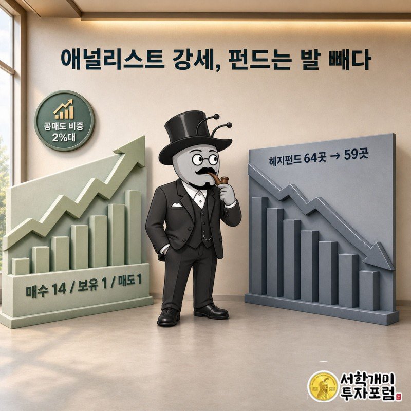 부자개미가 오르는 애널리스트 매수 그래프와 내려가는 헤지펀드 보유 그래프 사이에서 의아한 표정을 짓고 있다