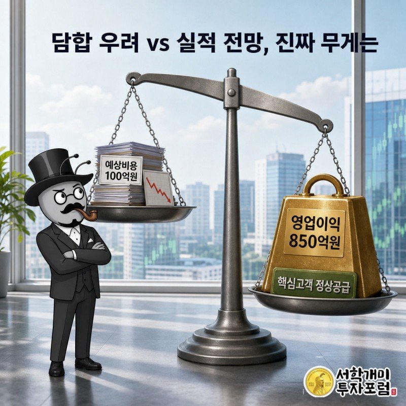 저울 왼쪽엔 담합 이슈로 인한 주가 우려, 오른쪽엔 850억원 영업이익 표지판이 놓여 개미가 의심스러운 표정으로 비교하는 그림